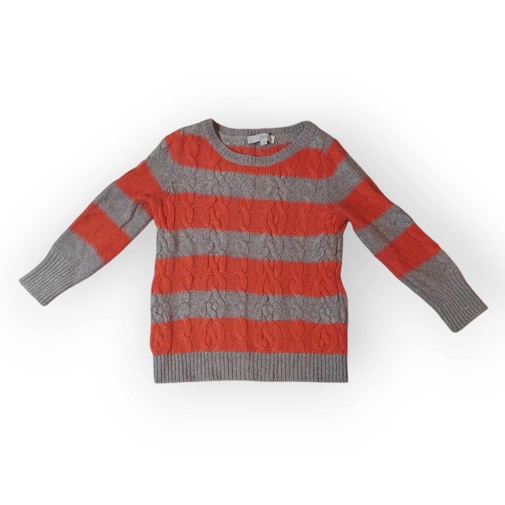 Loft Women's Sweater Grey Striped Cable Knit 3/4 Sleeves Cotton Size Small